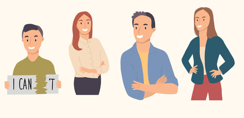 Confident woman and man. Office workers. "I Can" description.Vector hand drawn illustation.