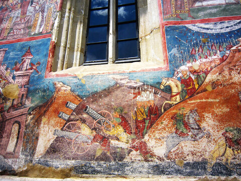 The Moldovita Monastery in Moldavia, ROMANIA, which is one of the famous painted monasteries in Romania, UNESCO World Heritage Site. Picture is the right part of "The Siege of Constantinople"