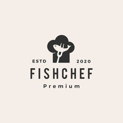 Obraz premium fish chef hat restaurant hipster vintage logo vector icon illustration