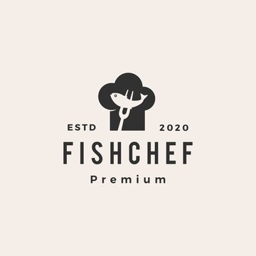 fish chef hat restaurant hipster vintage logo vector icon illustration