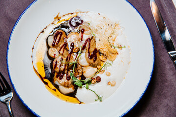 Scallop ceviche and foie gras with hazelnuts.