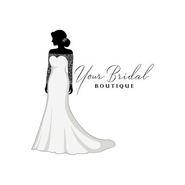 Beautiful Bride with Brocade Gown, Bridal Boutique Logo, Bridal Gown Logo Vector Design Template