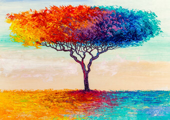 Oil painting landscape. Colorful autumn tree. Abstract style. - 364399388