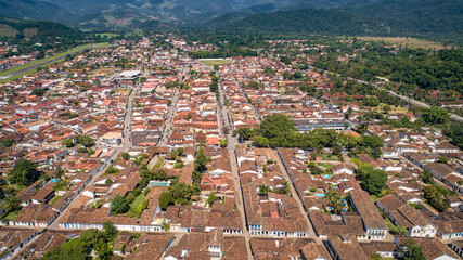 Aerial view to the center of historic town Paraty on a sunny day Brazil, Unesco World Heritage