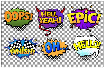 Comic speech bubbles set with different emotions and text Oops, Hell Yeah, Finish, Oh, Hello. Vector bright dynamic cartoon illustrations in retro pop art style isolated on transparent background