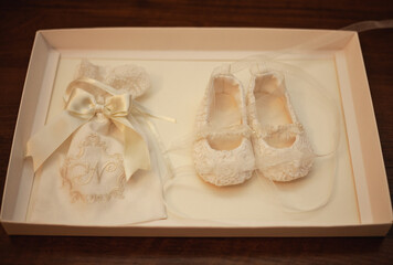 Festive clothing girls for baptism. White clothes, women's shoes
