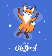 The content is a happy fox making a snow angel on blue background. Cute character for stickers, ads