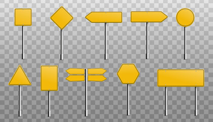 Yellow signboards or metal signage set, realistic vector illustration isolated.