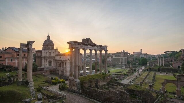 Rome Italy time lapse 4K, city skyline sunrise timelapse at Roman Forum
