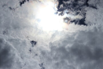The bright sun behind the clouds. Russia.