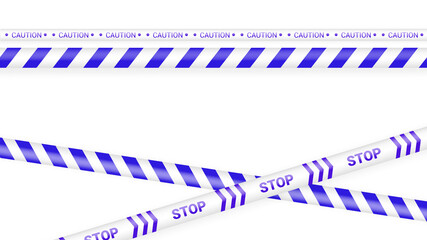 Blue police tape, crime danger line. Caution police lines isolated. Warning tapes. Set of blue warning ribbons. Vector illustration on white background.