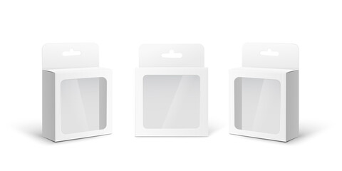 Mockups set of white box with plastic window, 3d vector illustration isolated.