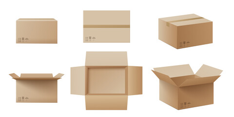 Realistic cardboard box mockup set from side, front and top view - obrazy, fototapety, plakaty