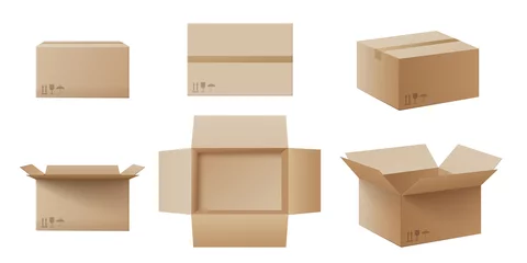 Fotobehang Realistic cardboard box mockup set from side, front and top view © sabelskaya