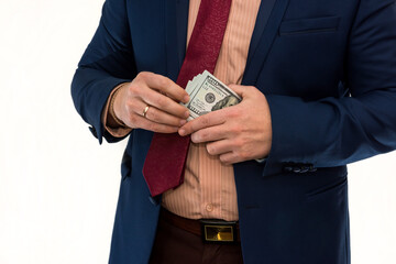 Man in suit hold many us money dollar, isolated on white. Busimess or finance concept.