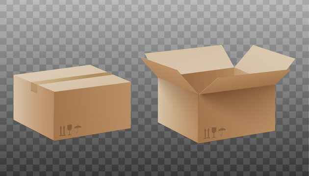Mockup postal or delivery box packaging, realistic vector illustration isolated.