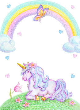 Watercolor pencil drawing of mythical sleeping Unicorn on green grass against clouds and rainbow background and flying butterfly. Birthday party invitation card template design.