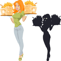 Obraz premium Beautiful girl with tray of fast food. Funny people
