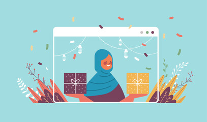 arabic woman celebrating online birthday party celebration self isolation quarantine concept web browser window portrait horizontal vector illustration