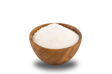 Refined granulated sugar in wooden bowl on white background with clipping path.