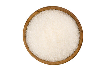 Fototapeta na wymiar Top view of refined granulated sugar in wooden bowl on white background with clipping path.