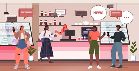 cafe visitors using gigital gadgets discussing daily news during meeting chat bubble communication concept modern cafeteria interior full length horizontal vector illustration