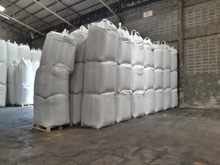 Stock pile Chemical fertilizer jumbo-bag in warehouse waiting for shipment.