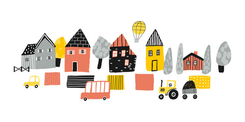 Cute old village. Cartoon vector illustration. Childish city.