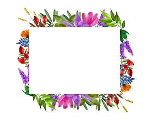 Fototapeta premium illustration greeting card with flora in watercolor format square, hand painted frame,Space for entering text