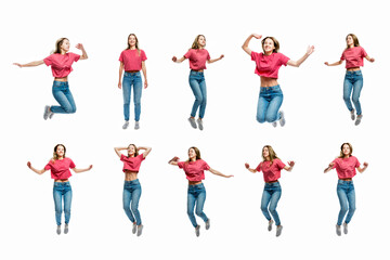 Obraz premium Set of images of a jumping young girl in jeans and a red T-shirt. Movement and energy. Collage. Isolated on a white background.