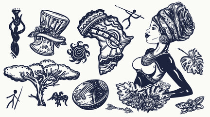 Africa set. Tattoo vector collection. African woman in traditional turban, kalimba, map, drum. Tradition, people and culture. Ethnic afro girl. Black tribe elements © intueri