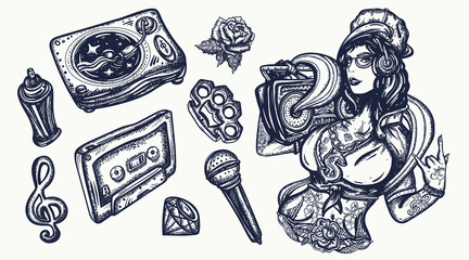 Hip hop music set. Tattoo collection. Cool rap girl, swag woman, boom box. Audio type, break dance elements. Tattooing musical street ghetto