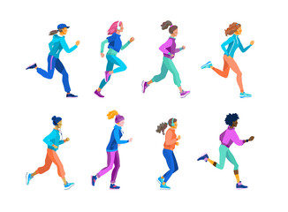 Fit beautiful girls of different races on a run in the style cartoon. Vector illustration of young women running in bright sports clothes.