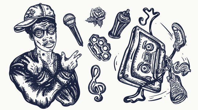 Vektorová grafika „Hip hop music set. Tattoo collection. African American  man rapper in baseball cap and glasses. Audio cassette, break dance.  Tattooing musical street ghetto elements“ ze služby Stock | Adobe Stock