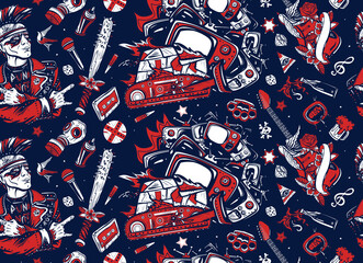 Naklejka premium Punk rock music. Street culture musical art. Hooligans lifestyle. Electric guitar. Anarchy. Consumer society. Protest concept. Seamless pattern. Punker with mohawk hairstyle, audio type, bulldozer
