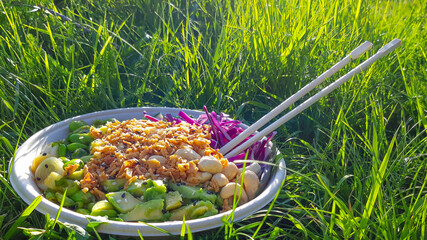 Vegan poke bowl, Hawaiian dish, with chopsticks in the grass.