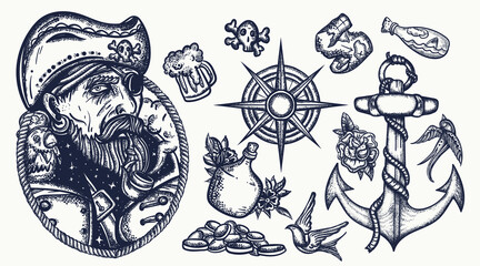 Pirates set. Tattoo vector collection. Captain, parrot, compass, anchor, rum, treasure island, swallows. Sea adventure. Traditional tattooing style - obrazy, fototapety, plakaty