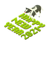 年賀状2021年丑年、芝生の「HAPPY NEW YEAR」賀詞の牛イラスト ハガキサイズ縦位置