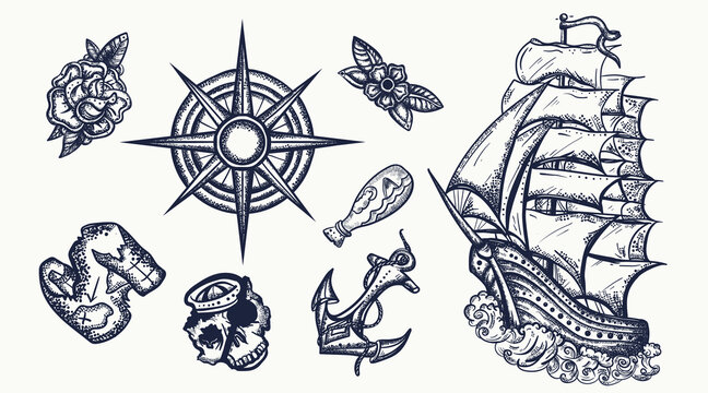 Pirates elements. Tattoo vector collection. Ship in storm,  compass, anchor, rum, treasure island map, swallows. Sea adventure set