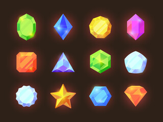 Game color crystals set. Shiny jewelry of various geometric shapes blue diamonds orange sapphires green emeralds graphic game treasure vibrant for user rich mobile interface. Cartoon vector stone.