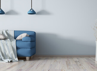 Blue sofa, interior design of modern living room, 3d rendering