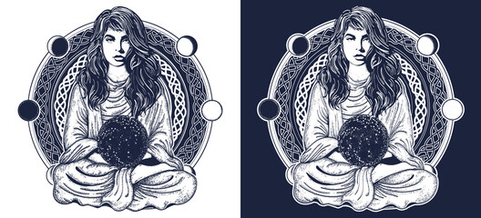 Woman meditation tattoo art. Girl in lotus pose. Symbol meditation, philosophy, astrology, magic, yoga. Black and white vector graphics