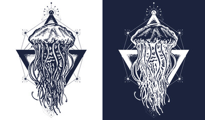Esoteric jellyfish tattoo art t-shirt print design. Mystical symbol of adventure, dreams, deep sea. Creative geometric. Black and white vector graphics © intueri