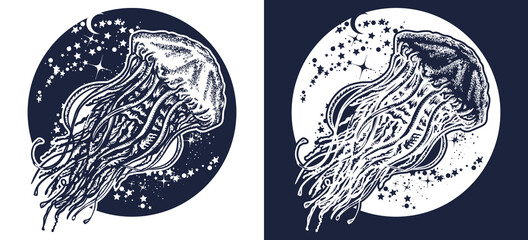 Jellyfish floats in deep space. Tattoo and t-shirt design. Deep sea art. Symbol of wandering, underwater, travel, meditation. Black and white vector graphics © intueri