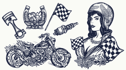 Bikers set. Tattoo collection. Burning motorcycle, rider sport woman. Pin up girl, spark plug, moto bike elements. Lifestyle of racers. Traditional tattooing style