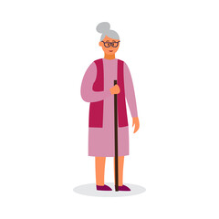 Cartoon old woman with cane, senior lady holding walking stick