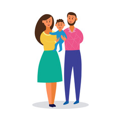 Happy young family holding little baby - cartoon parents smiling with toddler boy.