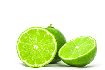 sliced group of green fresh lime on white background isolated. 