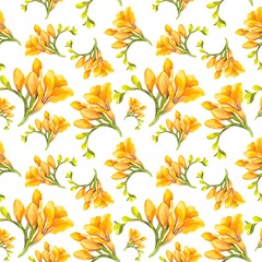 Watercolor seamless pattern of yellow freesia flowers.Suitable for printing Wallpaper, fabrics, postcards, etc