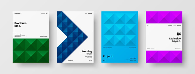 Company identity brochure template collection. Business presentation vector A4 vertical orientation front page mock up set. Corporate report cover abstract geometric illustration design layout bundle.